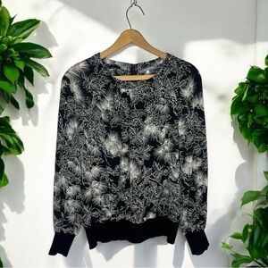 Tegan Silk Blend Blouse Black White Botanical Print Elegant Top Size 4